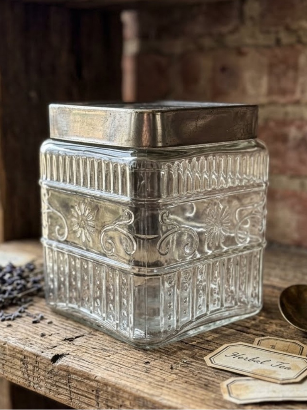 Vintage KOEZE’S Clear Glass Decorative Apothecary Storage Jar with Silver Lid